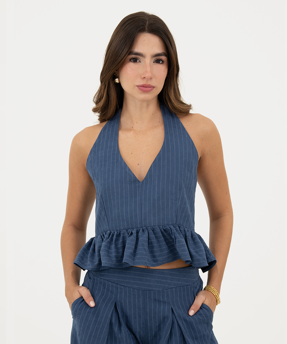 Blusa halter peplum Azul Profundo