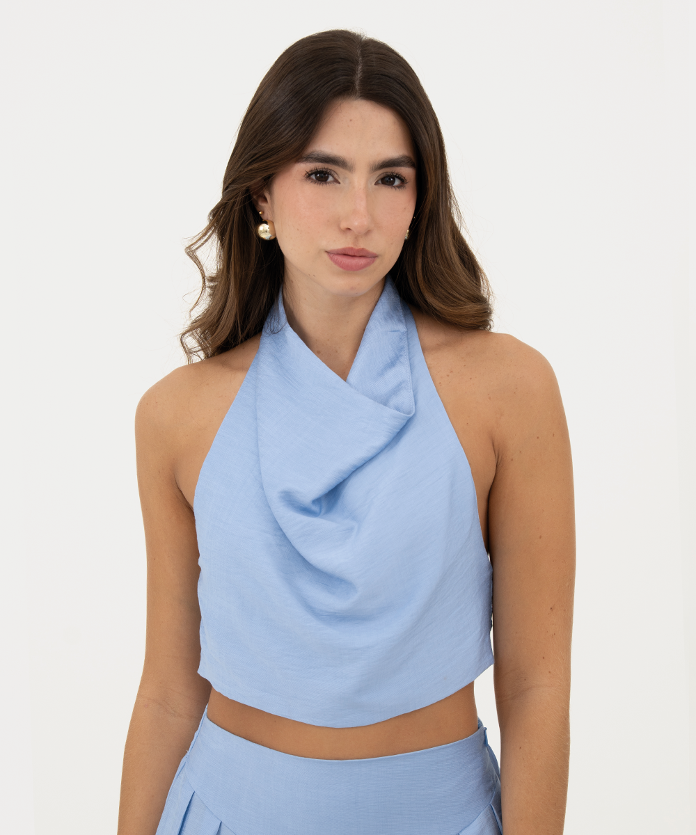 Blusa escote cascada Azul Empolvado